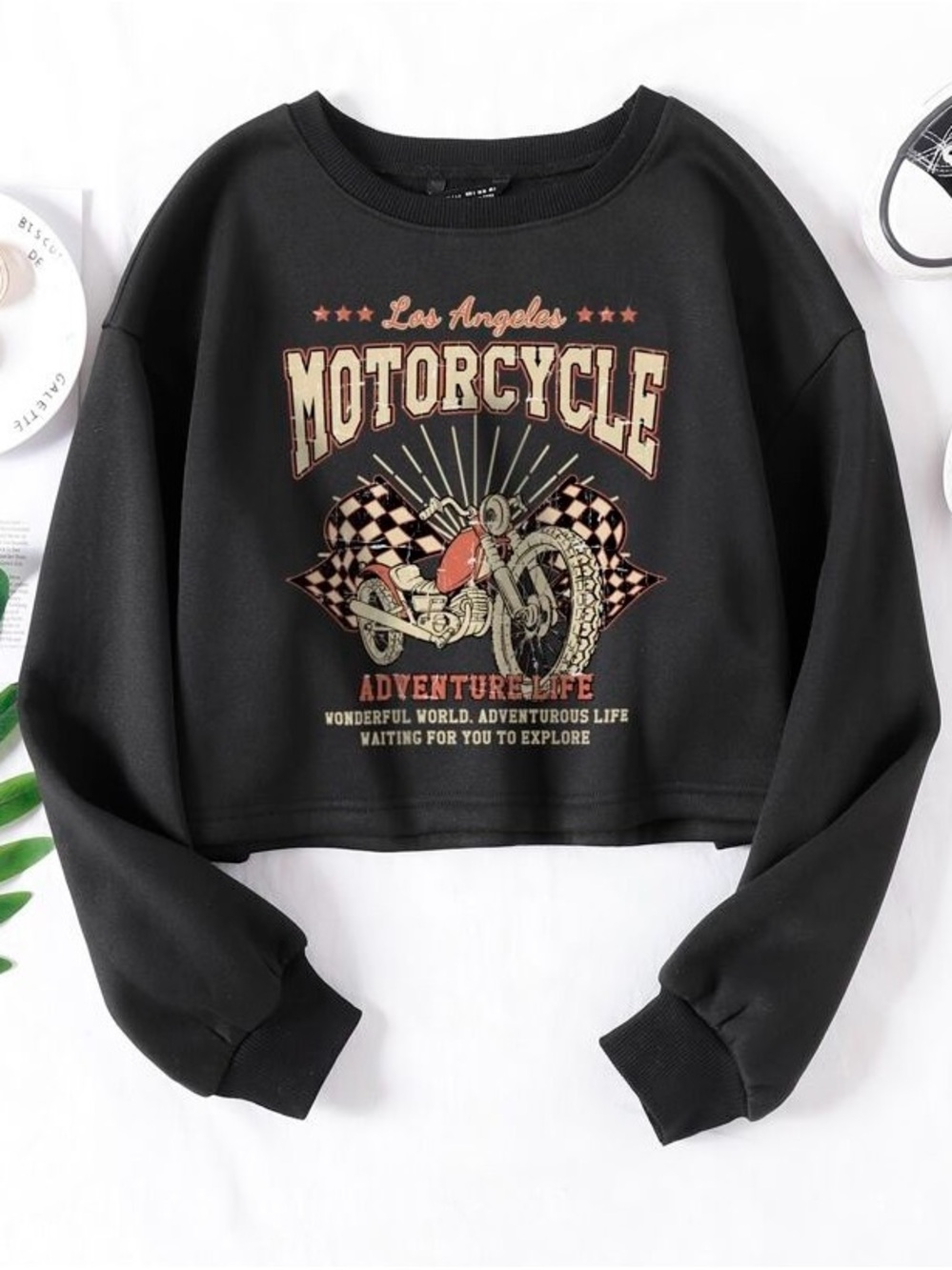 🖤🏍️ SHEIN Los Angeles Motorcycle Graphic Crop Sweatshirt XL Pullover